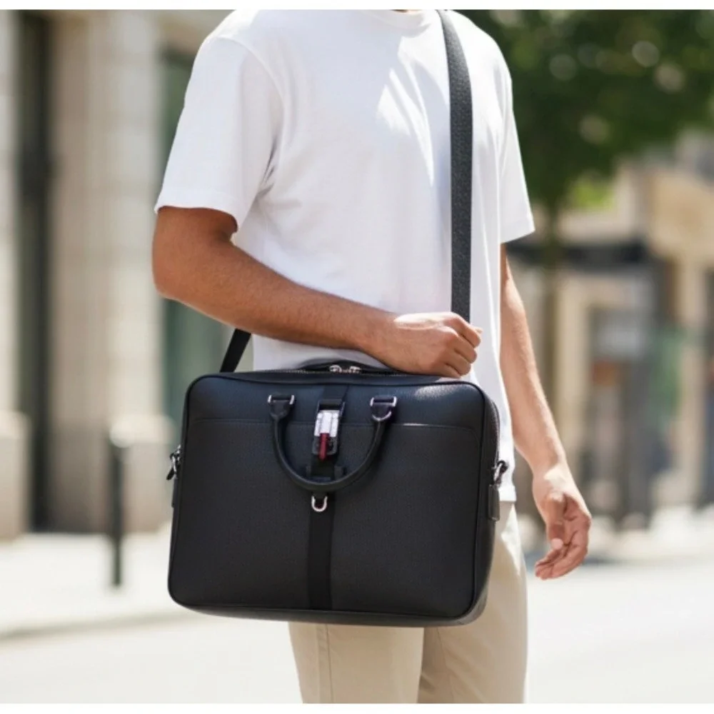 Gucci Men's 816767 Black Webbing-Trimmed Full-Grain Leather Briefcase, NWT